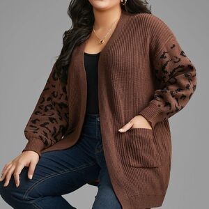 Bloomchic Brown Leopard Print Lantern Sleeve Cardigan Sweater‎